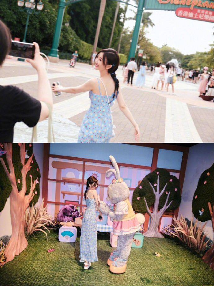 毛晓彤蓝色吊带裙现身迪士尼 与星黛露体贴超甜