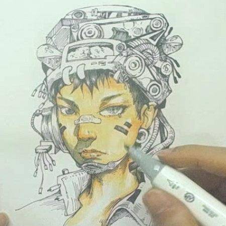 铅笔上色手绘教程上色技法之赛博朋克人物头像绘制