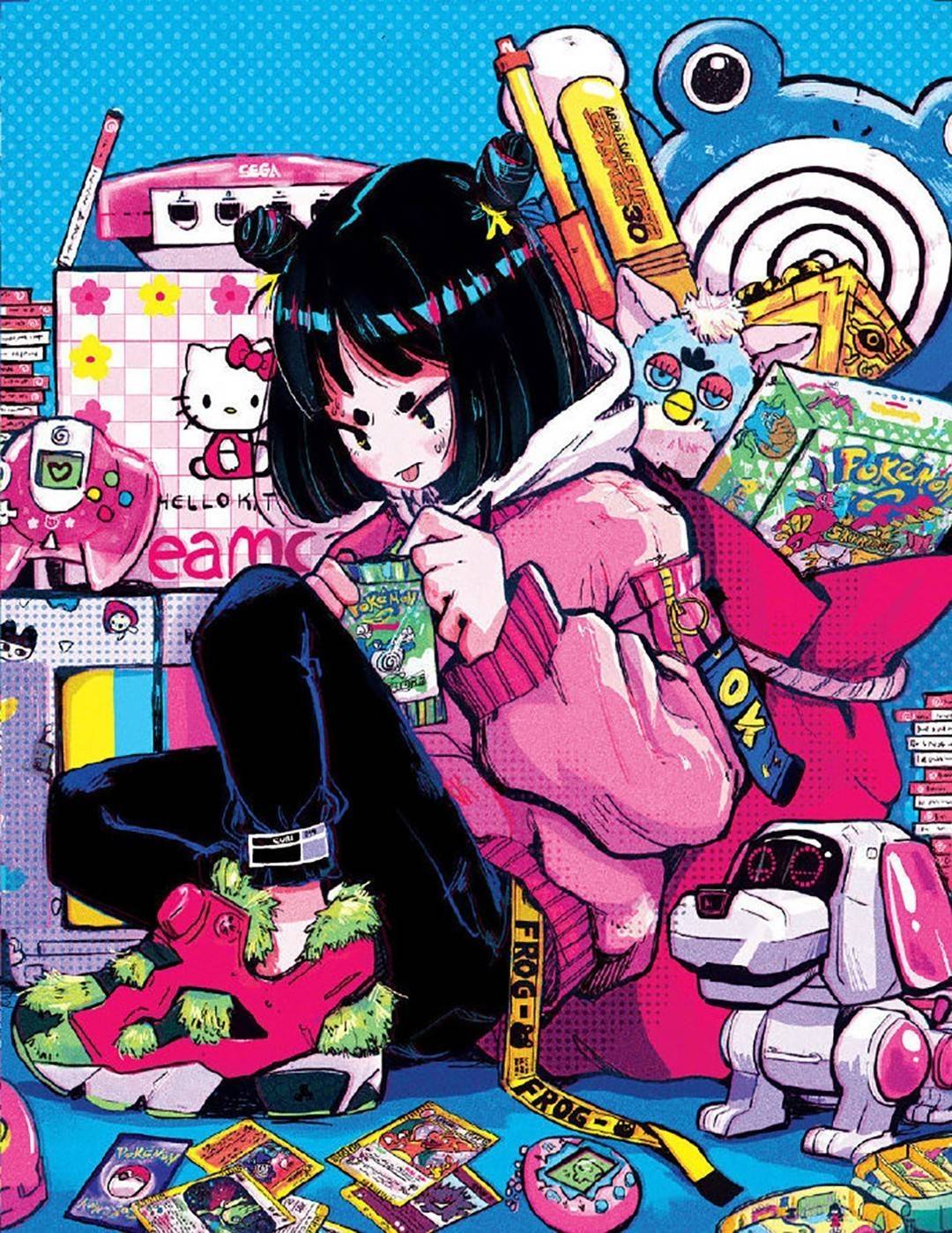 手绘少女插画,俏皮帅酷的潮玩女孩,梦幻糖果色青春味十足