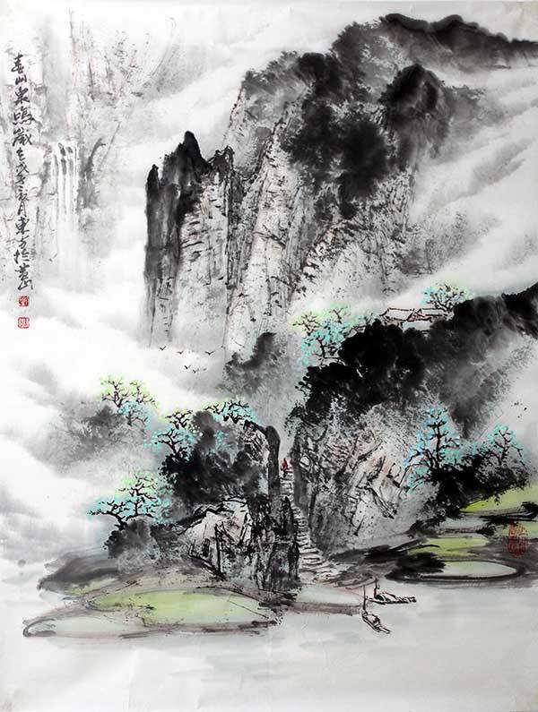 家在江南云水间(四尺横2008年秋)刘东方山水画作品:飞流直下三千尺(四