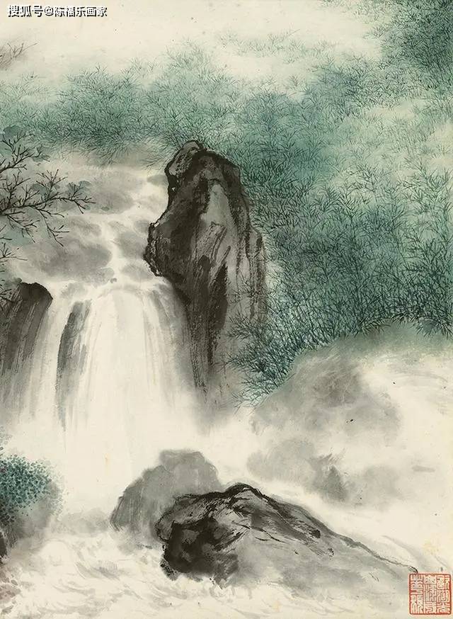 吴湖帆《庐山瀑布图》:飞瀑青黛光 沓障凌苍苍