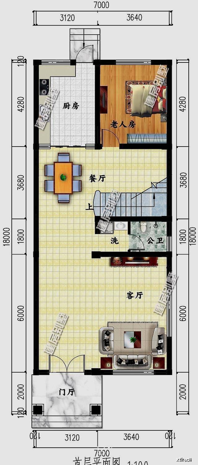 第三栋,面宽7米,进深18米户型,占地面积118.72平,建筑高度11.