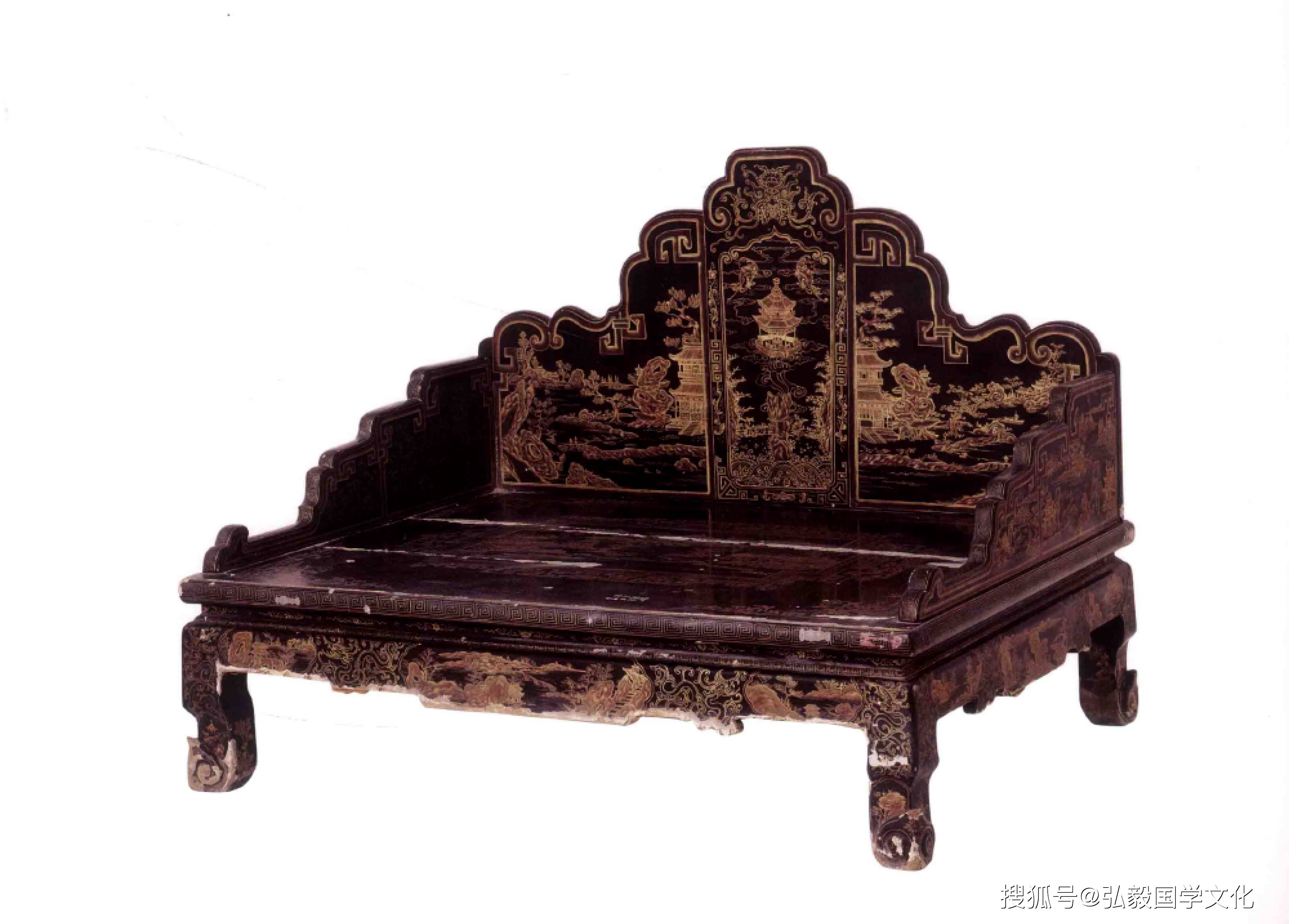 故宫文化藏品描金漆家具,异常精美的罗汉床和宝座