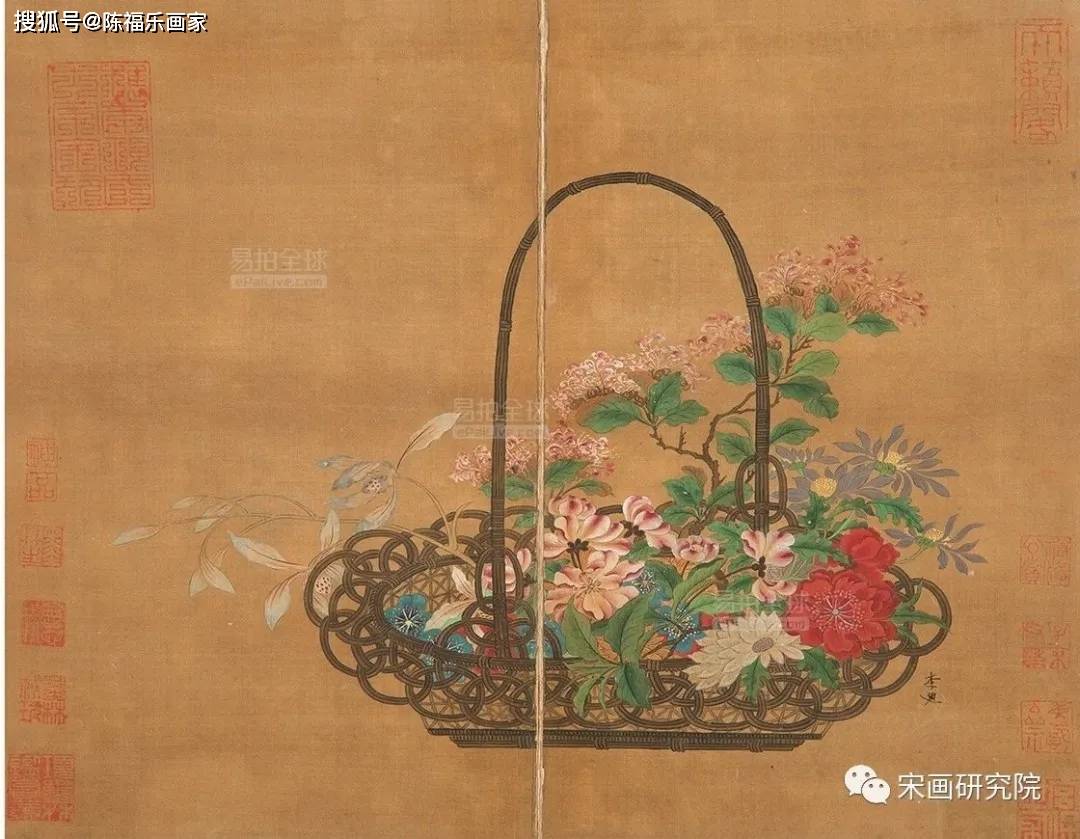《盥手观花图》中的花篮 天津艺术博物馆藏 宋以前,牡丹菊花等叶花较