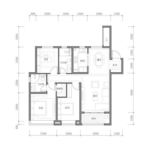 126㎡三室两厅两卫户型图