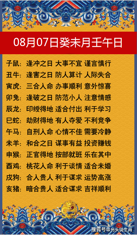 十二生肖2020年8月7日(立秋)每日运势