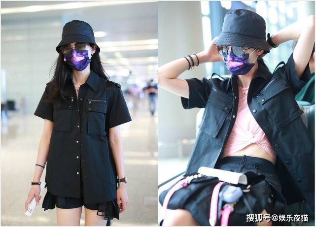 粉色|韩雪真是有女团范，粉色T恤打个结，搭配衬衫短裤，双腿笔直纤细