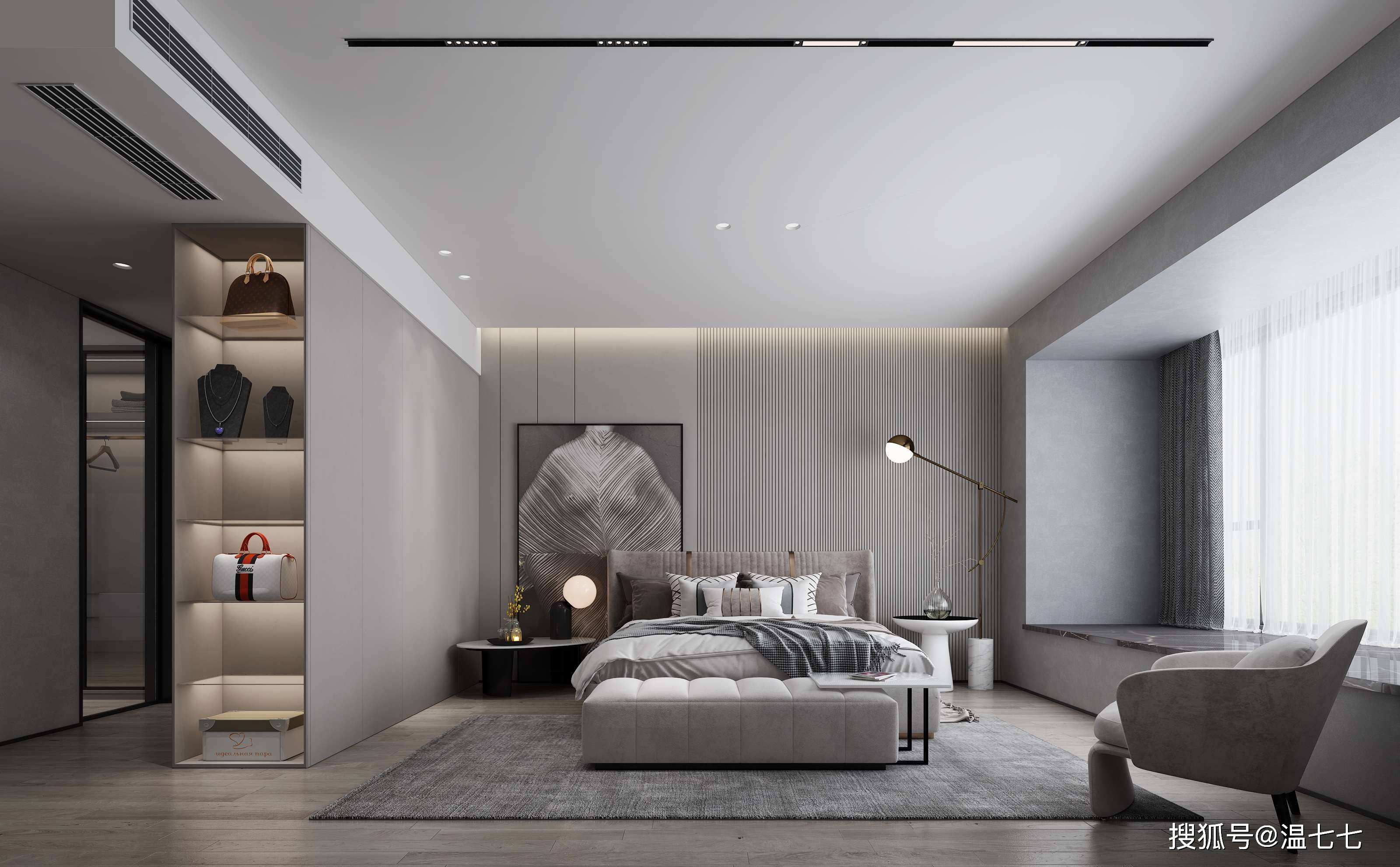 天花无主灯的设计,让卧室氛围更加舒适温馨,柔和的灯光有助于入眠.
