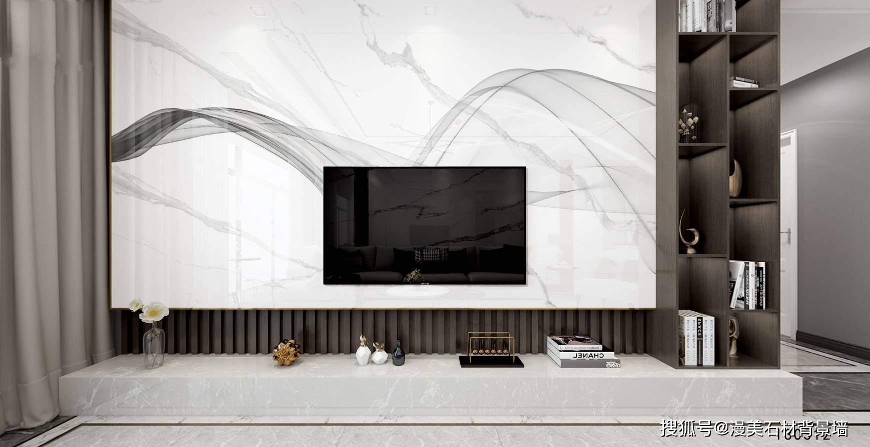 漫美石材电视背景墙之新款悬挂式轻奢背景墙效果图
