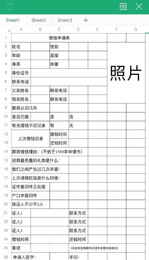 但发送了一份借钱申请表,并表示"填好表格后交给我媳妇,她会在七个