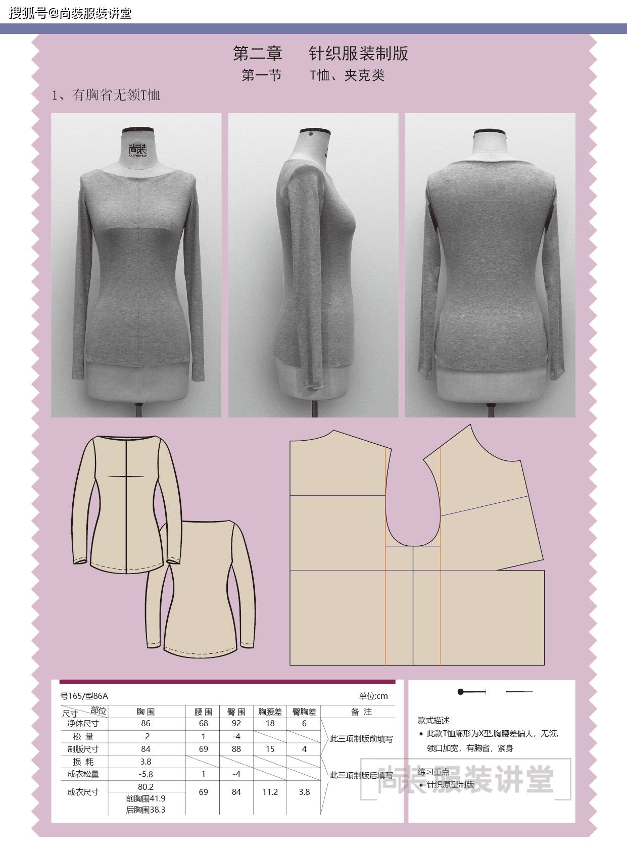 服装制版培训教程 | 有胸省无领t恤