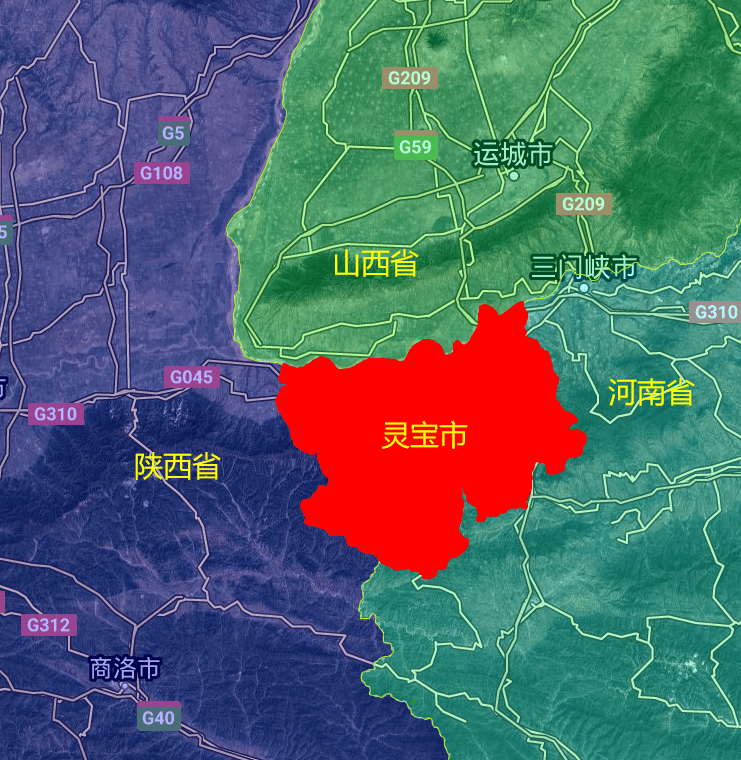 河南省一个黄河南岸的县市,由三门峡代管,地处豫陕晋三省交界处