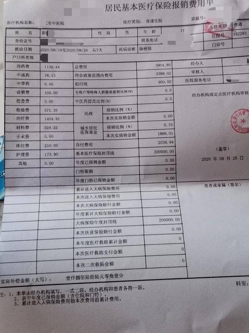 经社保报销了1866.01元后,彭先生仍需负担2038.94元.