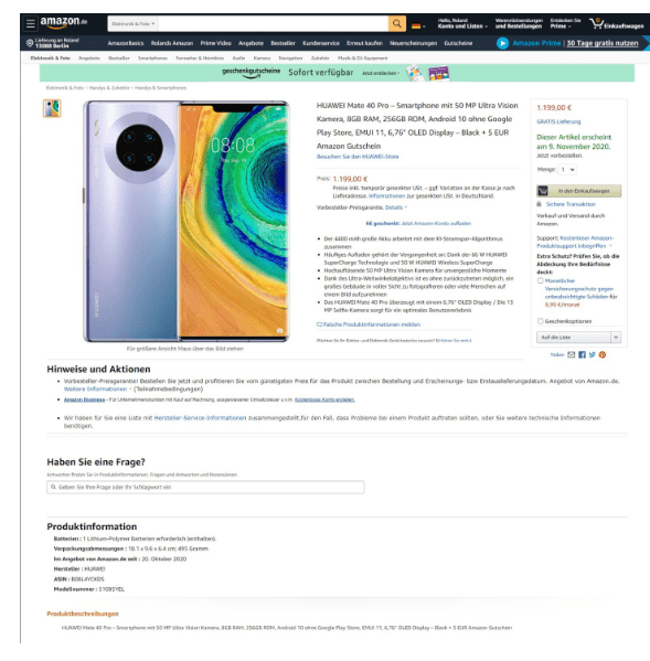 亚马逊|华为Mate 40 Pro在德国亚马逊上市，售价1200欧元