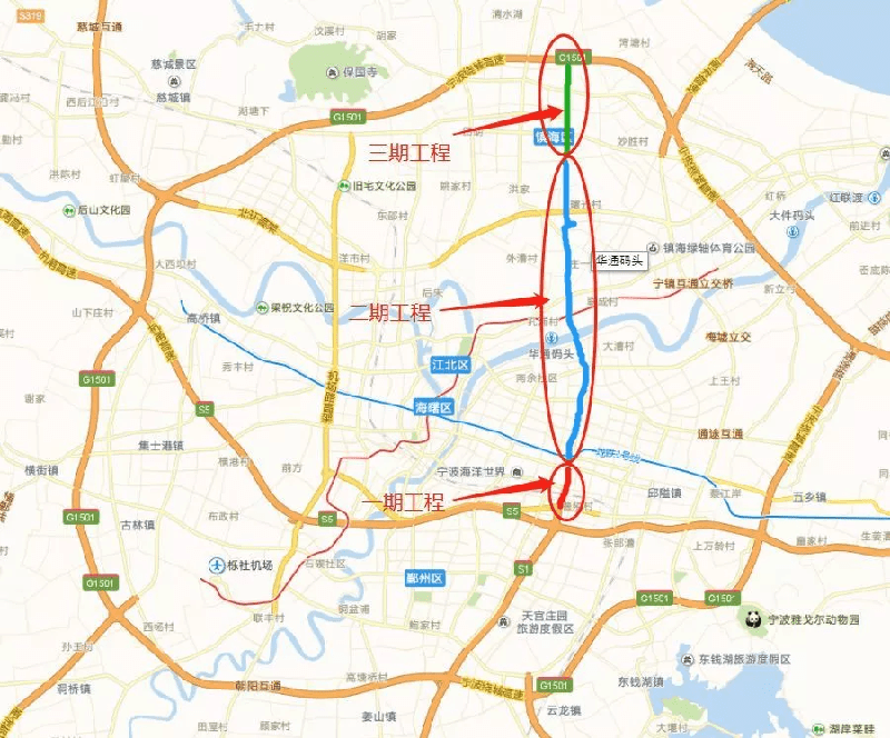 宁波环城南路东延至富春江路与沿海中线高架互通未来可以直达梅山岛