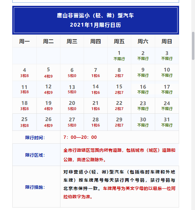 即2021年1月4日起 迁安限行尾号将与北京同步轮换 明日限行3和8 最新