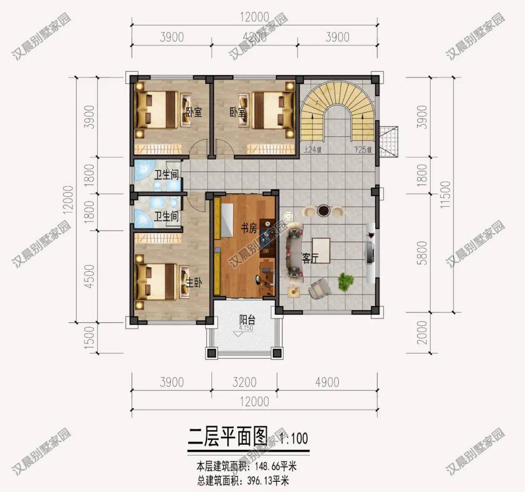 12x12米户型方正农村三层简欧风格,新年回乡盖别墅就选它!