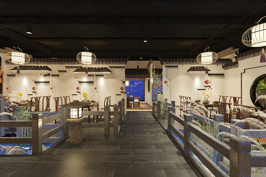 在本设计方案里,餐厅入口空间采用流动线条暗示特色的河流肌理,点缀