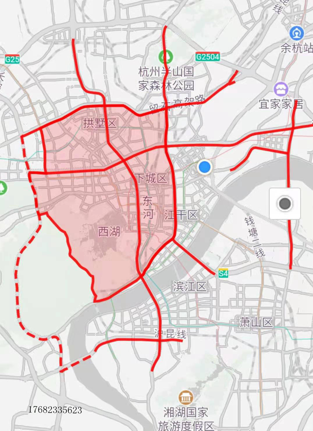 该时段您查询的车辆,红圈范围内及红色实线道路限行收起 限行范围