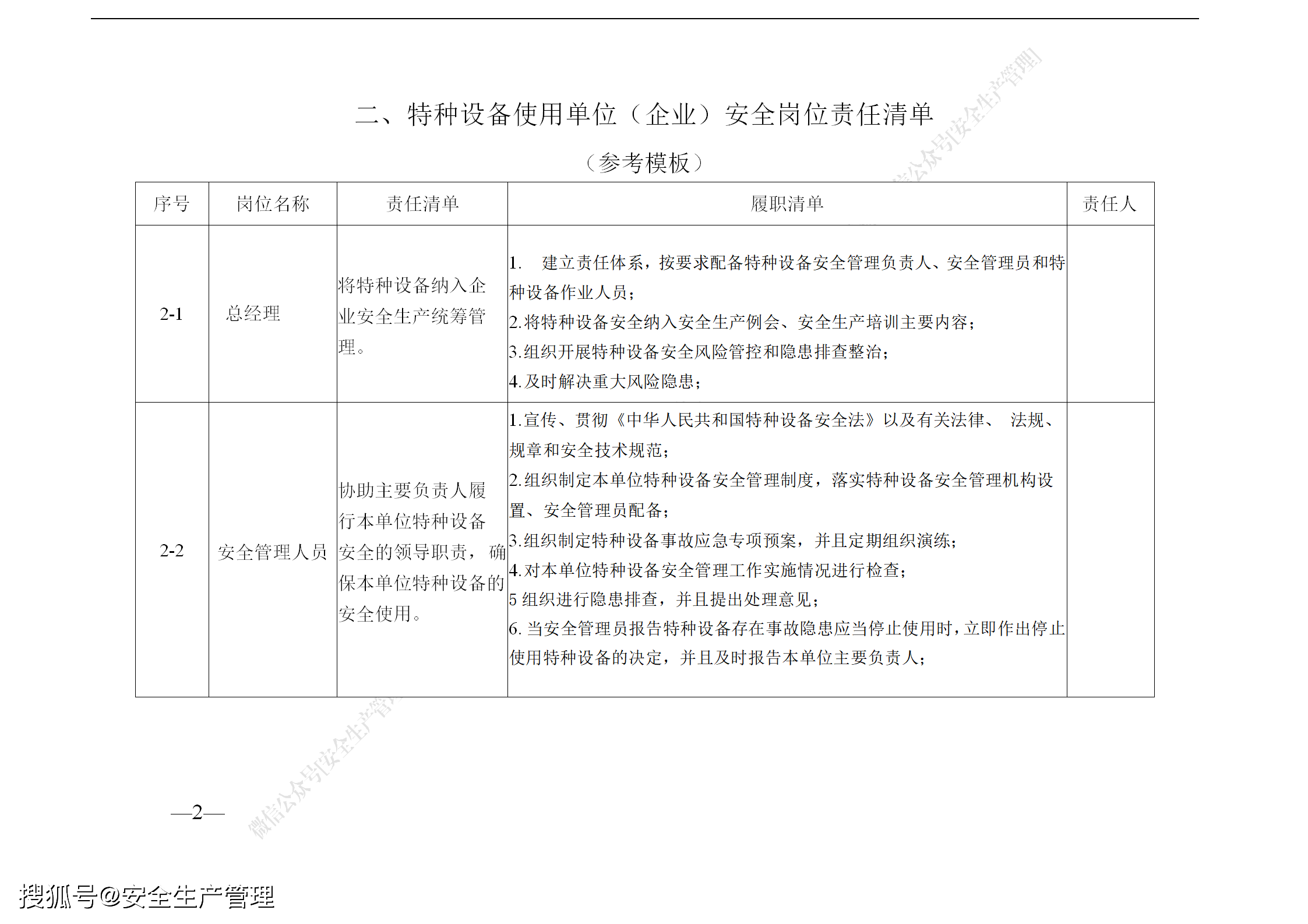 特种设备使用管理安全责任清单(参考模板)