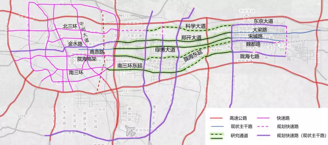 他们分别包括 · 郑开大道 · 科学大道 · 陇海快速路东延 · 绿博