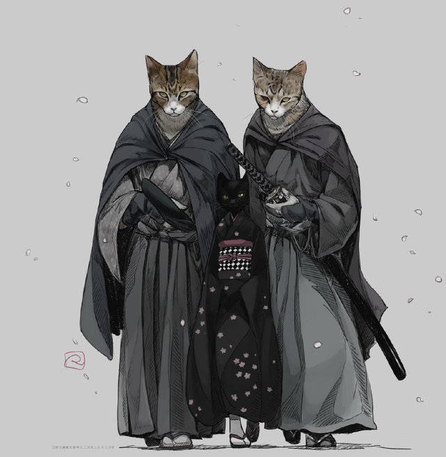 原创画师将猫咪拟人化成武士站位都不带变的眼神很犀利