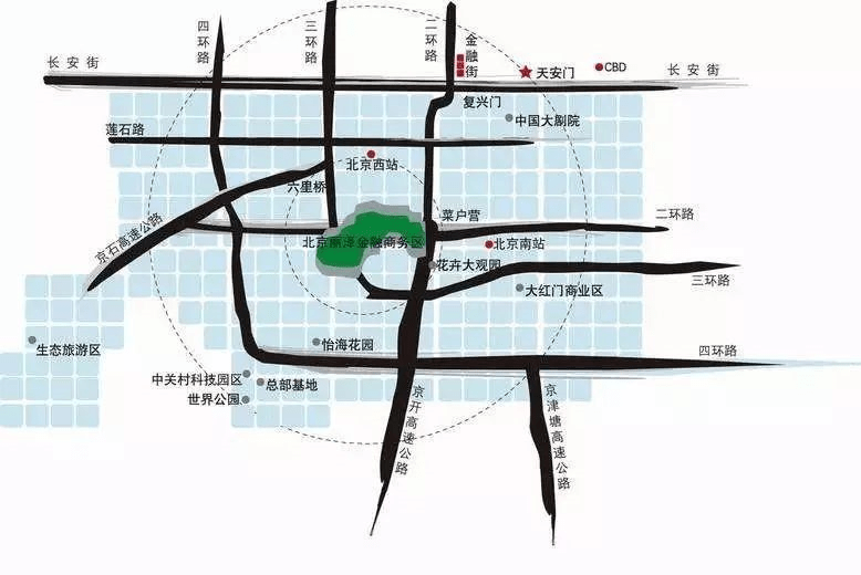 丽泽金融商务区的规划范围西至西三环路,东至京九铁路,北至丰台区