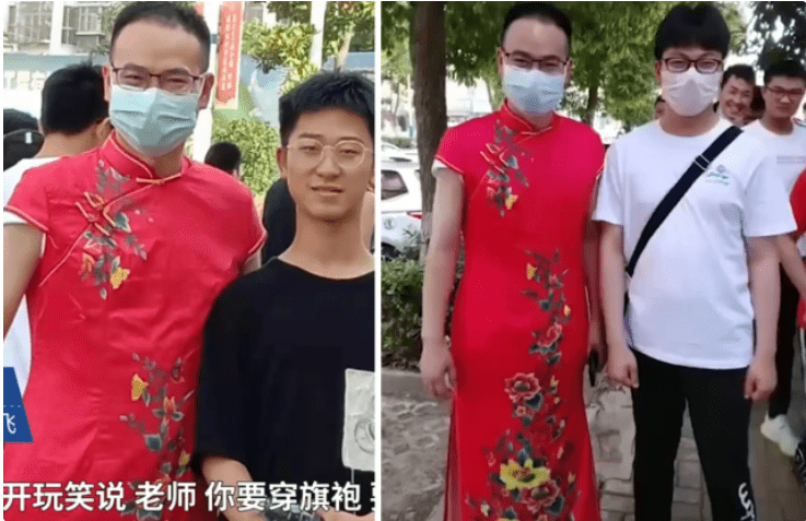 男老师穿旗袍为考生助威,比女老师还惊艳,网友:笑着笑着就哭了_高考