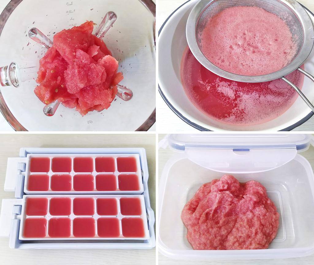 做法 隔出的西瓜水倒入制冰格内做西瓜冰,而瓜肉就可以放入食物盒