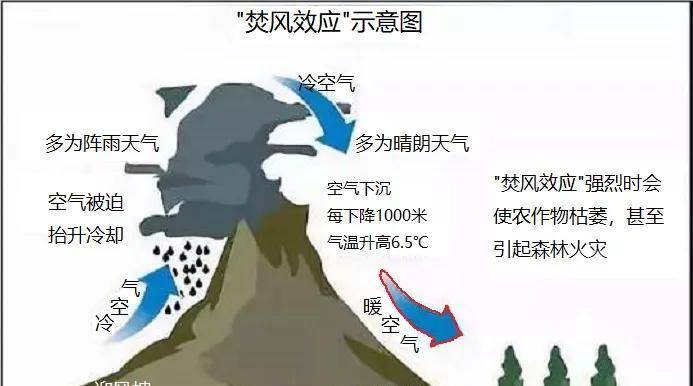 其二,山脉的背风坡区域常有焚风效应和雨影效应;这里由于山脉的阻挡