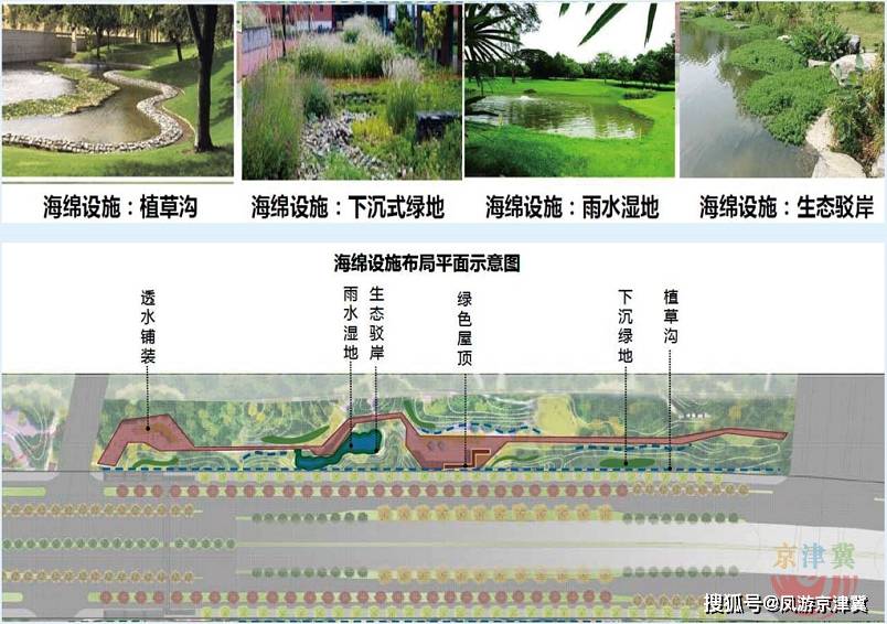 并标示出道路建设海绵设施的示意图,分别设置了植草沟,下沉式绿地