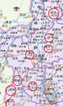 卫星地图中的撤销的8个古县示意图1956年3月份,山东省报给国务院的