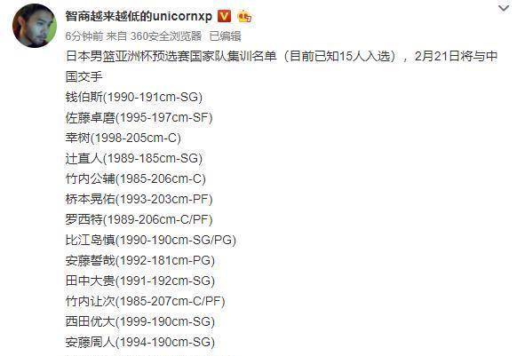 日本男篮亚预赛大名单确定华裔球员领衔，中国男篮费事来了