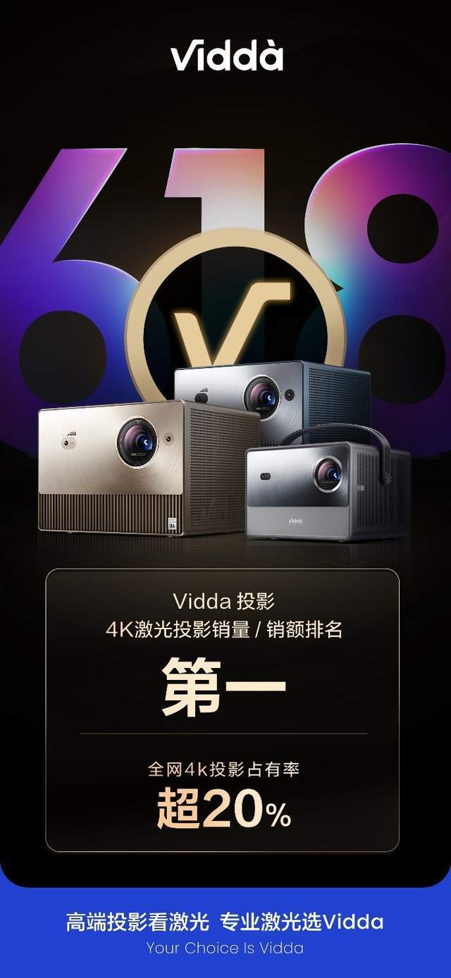 三色激光618开门红战报亮眼 Vidda 4K激光投影销量、销额全网第一