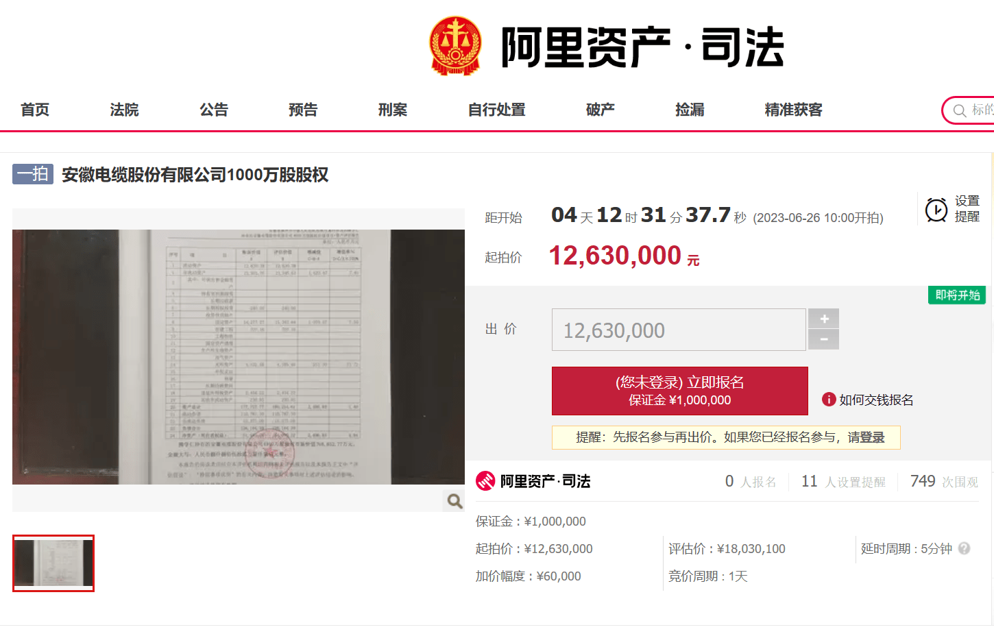该标的起拍价为1263万元，评估价为1803.01万元,，参拍需缴纳保证金100万元，