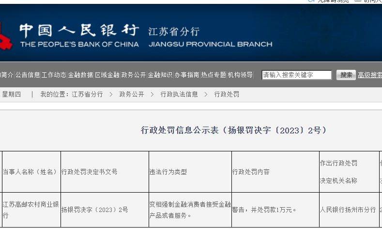 江苏高邮农村商业银行因违规被罚款1万元