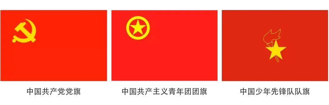 首先让我们来认识三面旗帜:中国共产党党旗,中国共产主义青年团团旗和