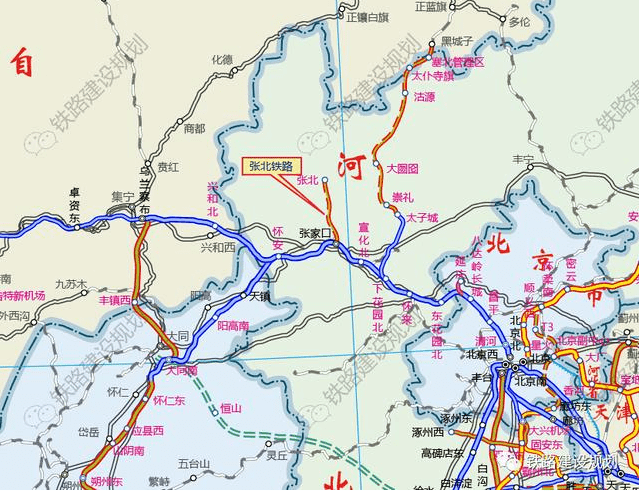 张家口至张北铁路线路走向示意图▼