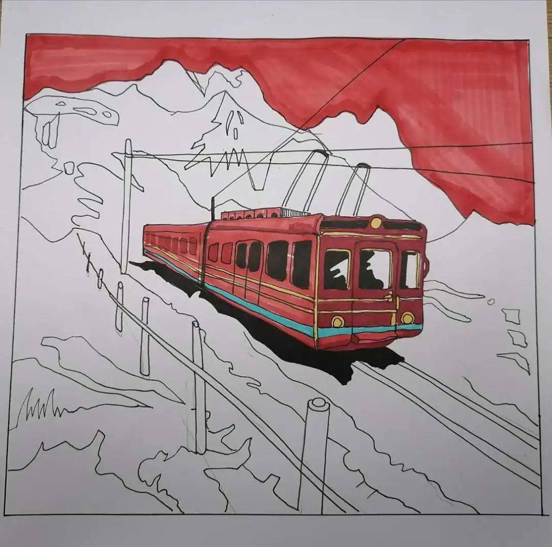 马克笔手绘插画开往远方的列车