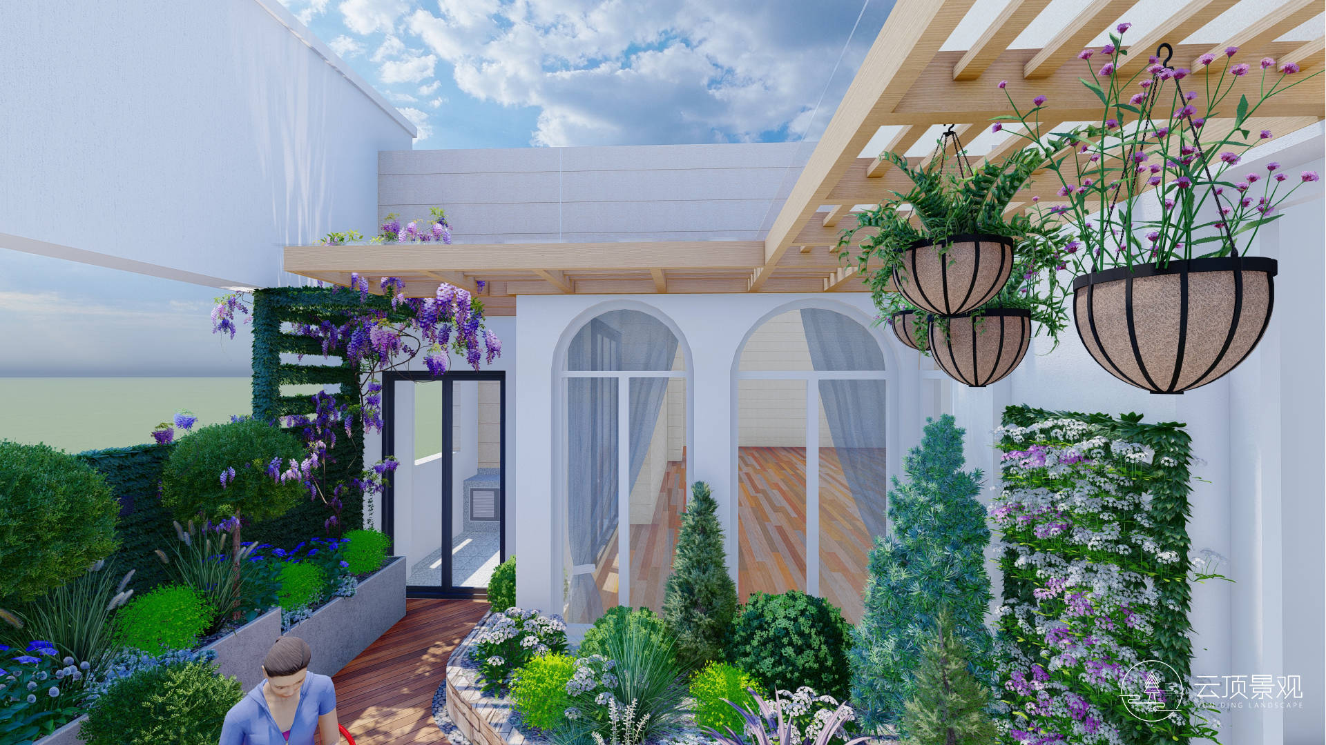 本项目为顶楼大平层露台花园,客户想打造一个绿意包围的空中花园,可