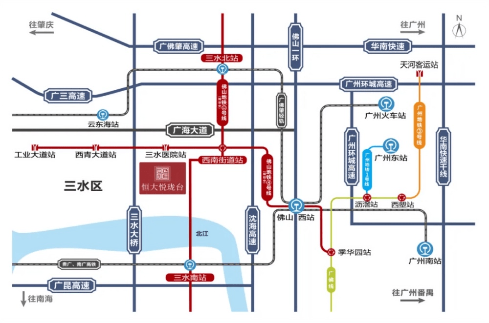 高铁:贵广,南广高铁(三水南站2站到广州南站,6站到香港;轻轨:广佛肇