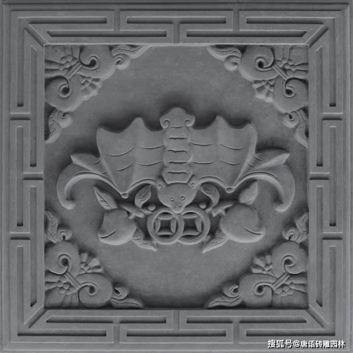 中式元素仿石文化砖福在眼前背景墙,雕刻内容为蝙蝠,谐音福在眼前
