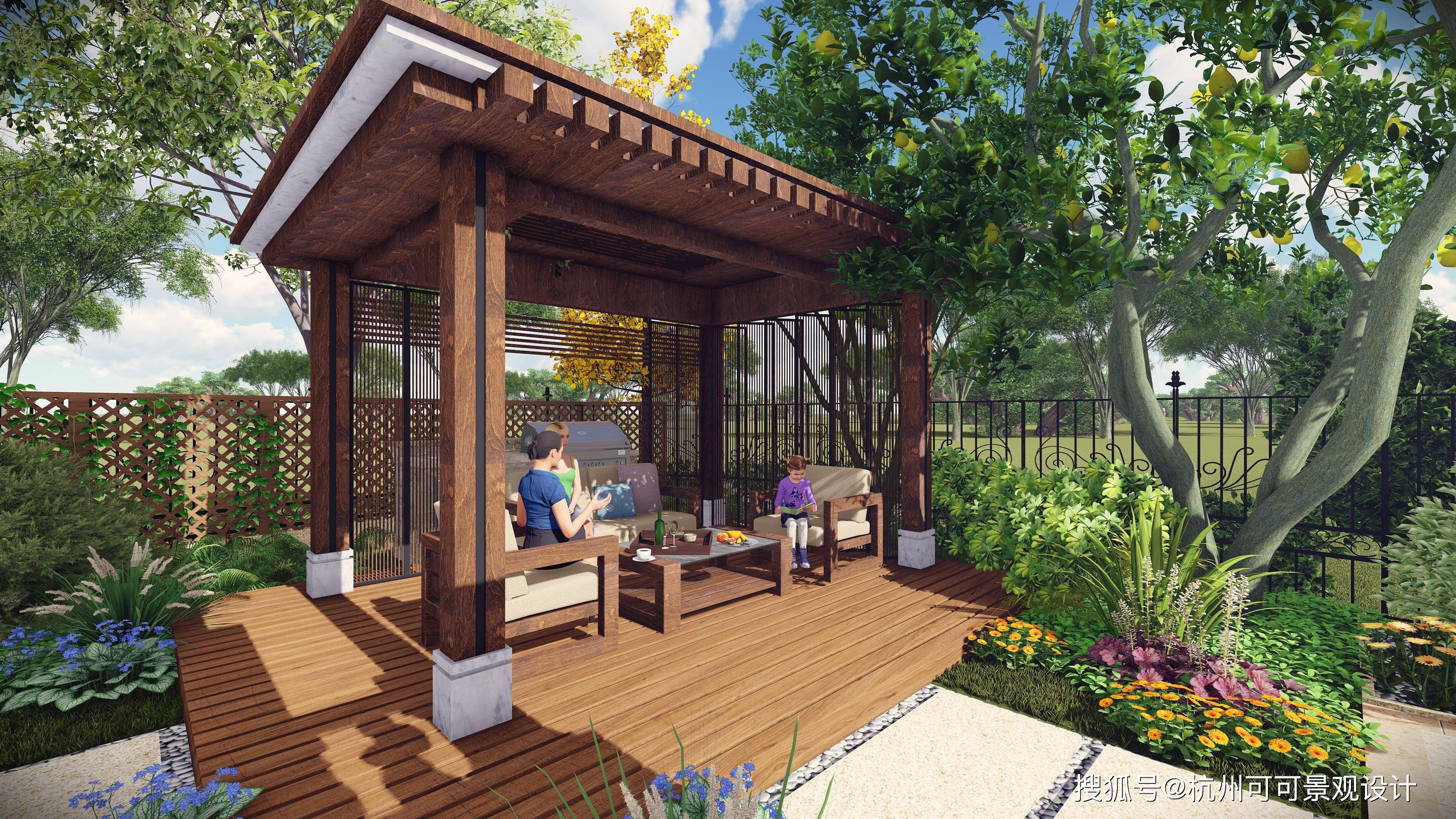 别墅花园设计:院中打造一方凉亭,可遮阳避雨,颇有意趣