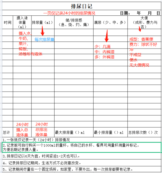 排尿日记模板 返回搜