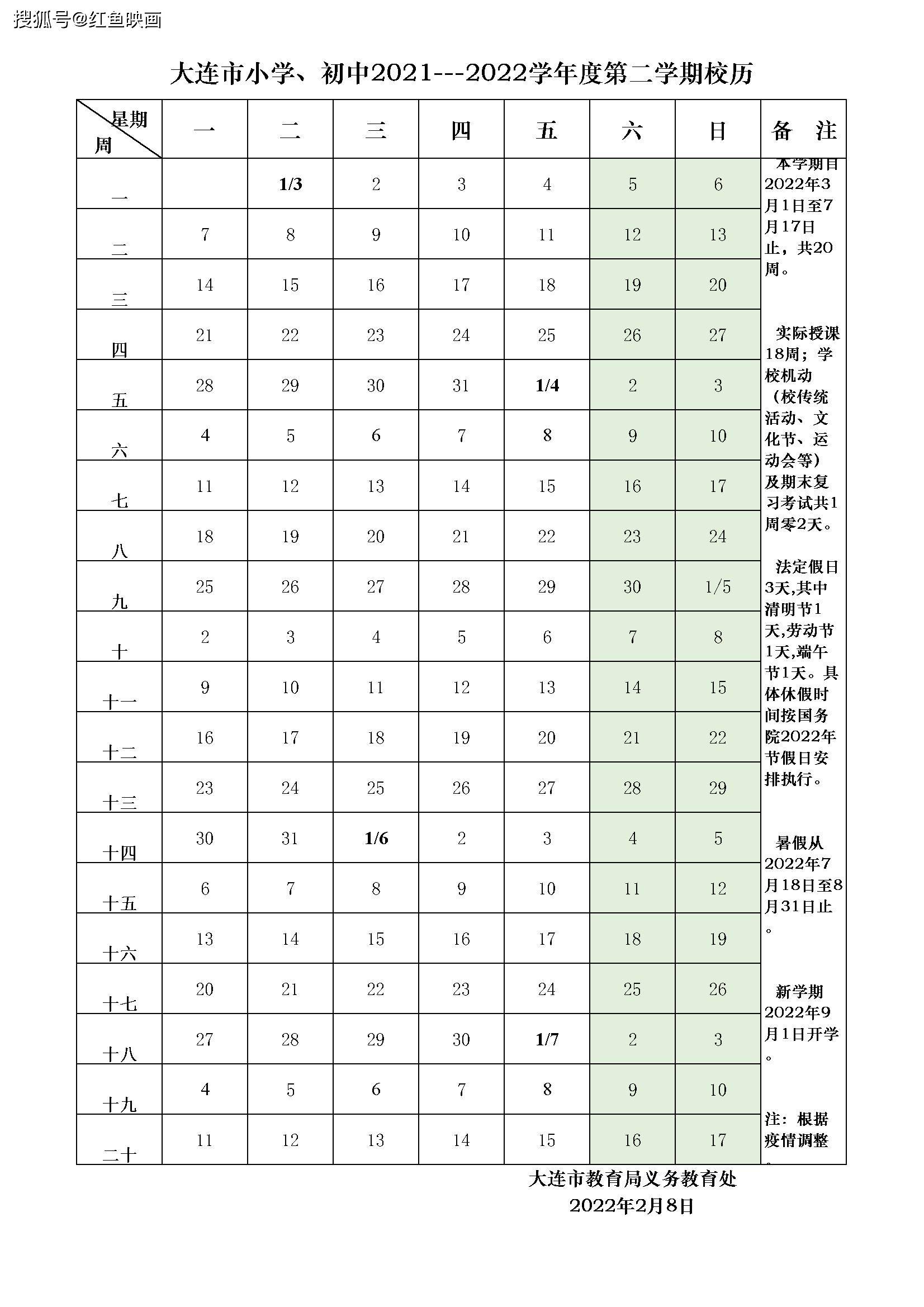 大连市小学初中20212022学年度第二学期校历