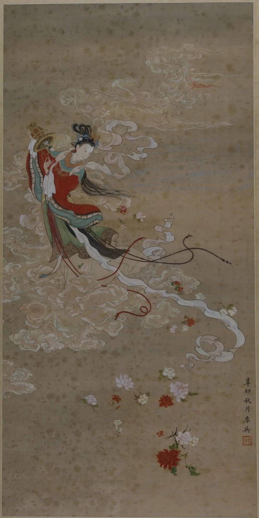 任率英《天女散花》1951年 纸本水墨 尺寸:72cm*35cm