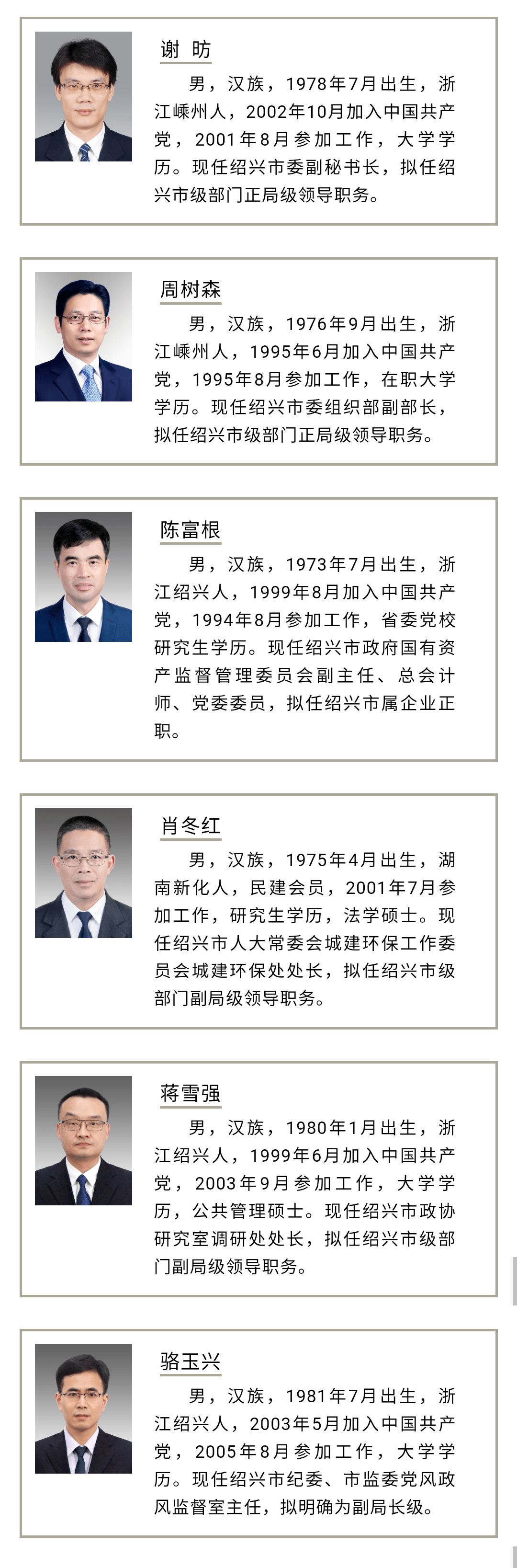 绍兴市拟提拔任用市管领导干部任前公示通告(2020年第6号)