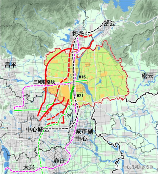 其中,普线为地铁15号线,区域快线为新建三城联络线,利用京承铁路开行