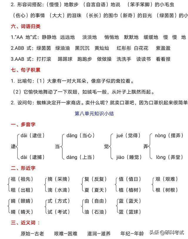 二年级语文下册:各单元重点,难点,易考点大全,期末全面复习