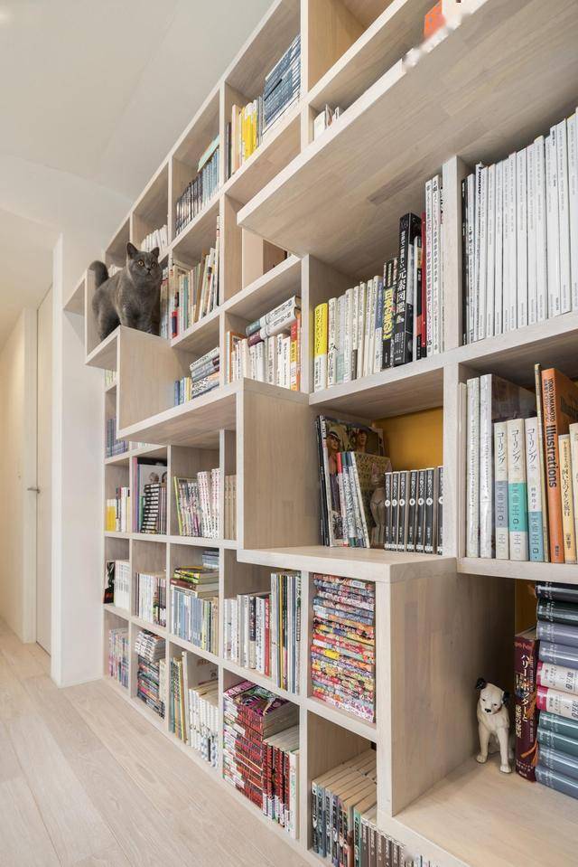 家里的走廊上业主也没有浪费,而是设计了满墙的书架,偶尔可以搬把椅子